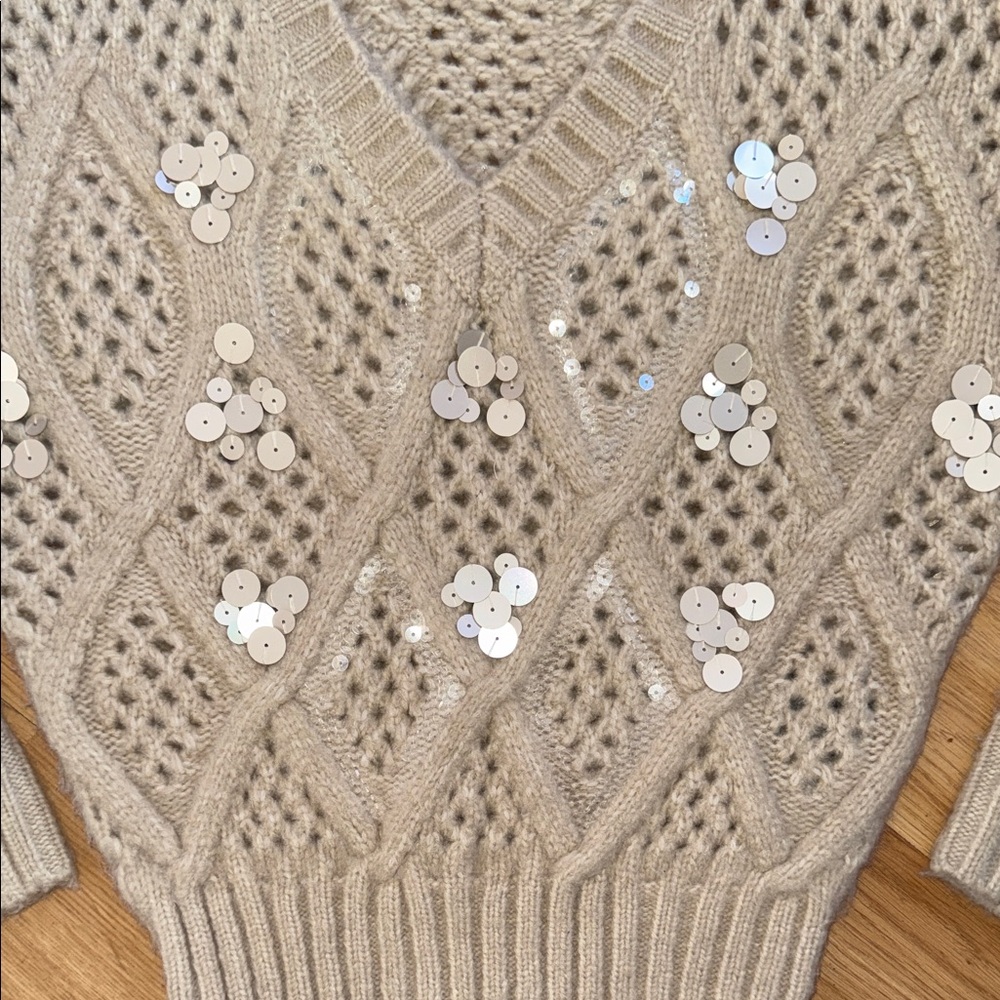 White House Black Market Beige Sweater Sequin Accents Chunky Open Knit Size XS - Picture 3 of 6